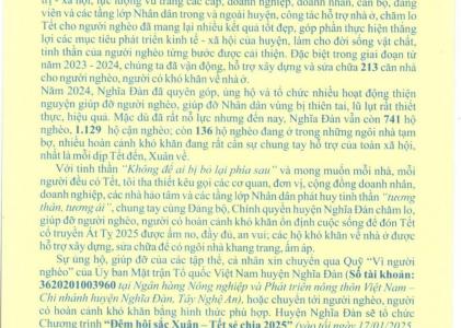 Thư kêu gọi ủng hộ, giúp đỡ người nghèo đón Tết Ất Tỵ 2025 của Bí thư Huyện uỷ Nghĩa Đàn